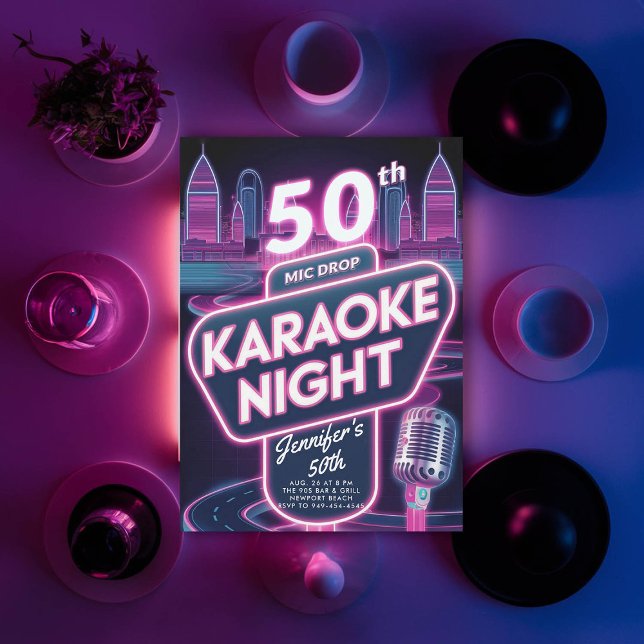 Convite Adulto Karaoke 90s Neon Pink Brilho 50º Aniversári (90s neon glow arcade pink50th  birthday invitation for women y2k)