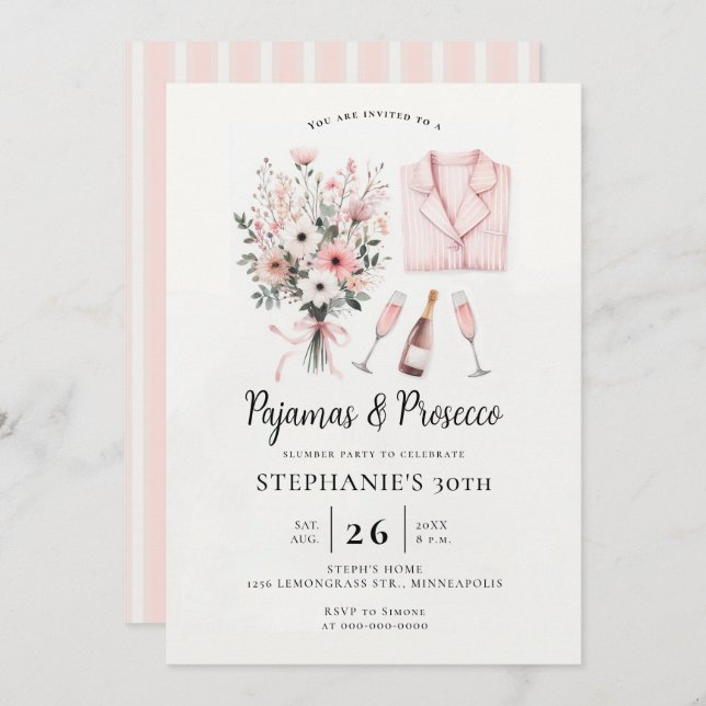 Convite Adulto PJ Sleepover Pajamas Prosecco aniversário d (Frente/Verso)