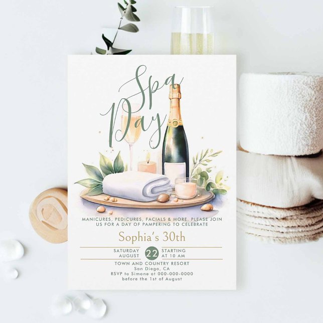 Convite Adulto Spa Day Party Watercolor aniversário de 30  (adult spa party invitation 30th birthday for women elegant watercolor champagne classy modern chic)