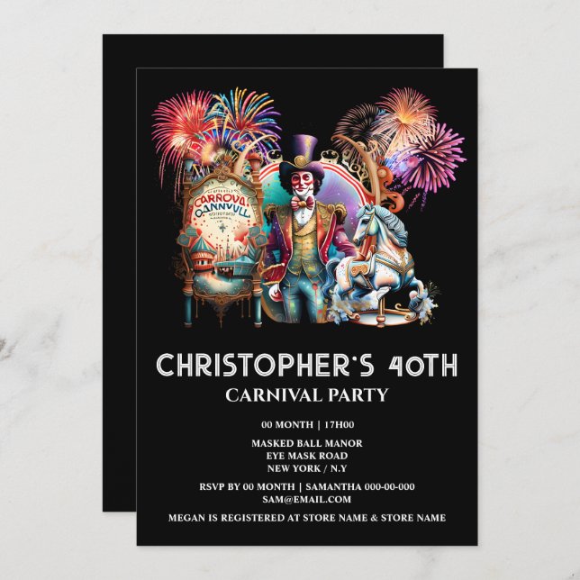 Convite Adultos tema do carnaval de circo ringmaster carou (Frente/Verso)