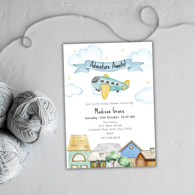 Convite Adventure Aguarda Chá de fraldas Aviador (Adventure Awaits Aviator Airplane Baby Shower Invitation)