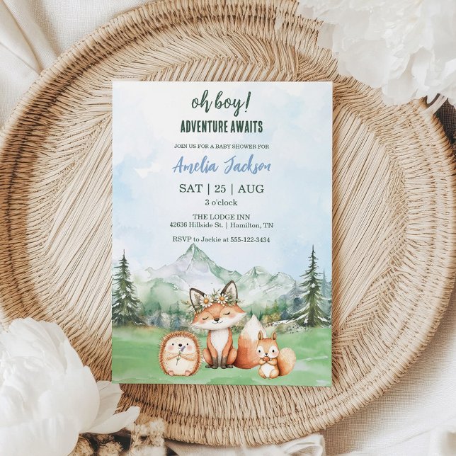 Convite Adventure Aguarda Chá de fraldas De Animais Da Flo (Oh Boy! Adventure Awaits Woodland Animal Baby Shower Invitation)