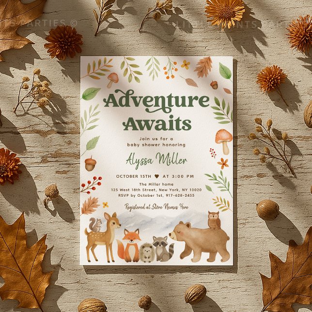 Convite Adventure Aguarda Chá de fraldas De Animais Da Flo (Sweet woodland animal baby shower invitation in cozy autumn colors 🍁🦔🦊)