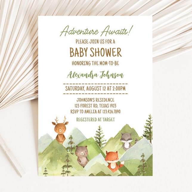 Convite Adventure Aguarda Chá de fraldas De Animais Da Flo (Woodland Animals Baby Shower Invitation)