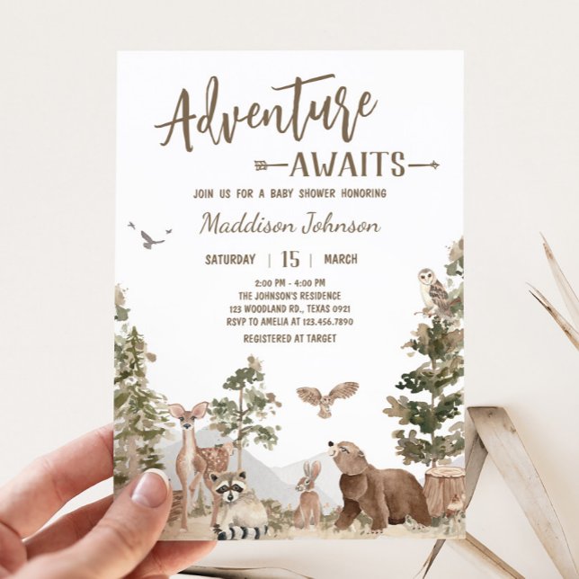 Convite Adventure Aguarda Chá de fraldas De Animais Da Flo (Woodland Animals Adventure Awaits Baby Shower Invitation)