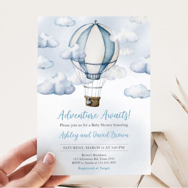 Convite Adventure Aguarda Chá de fraldas de balão de ar qu (Adventure Awaits Baby Shower Invitation)