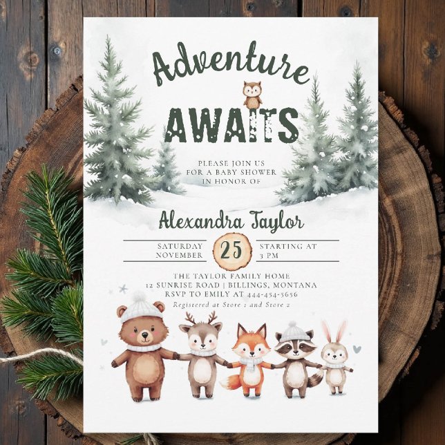 Convite Adventure Aguarda Chá de fraldas de inverno da Woo (winter baby shower invitation adventure awaits cute woodland animals watercolor snow cold forest)