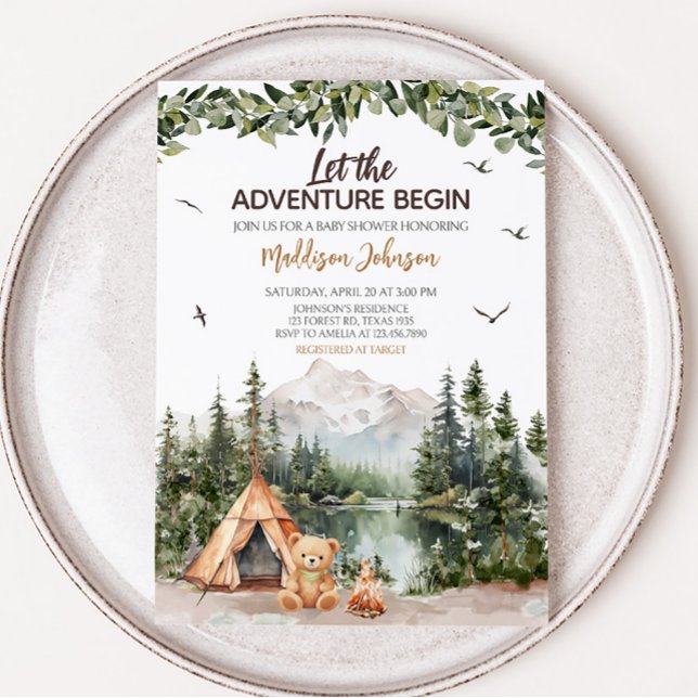 Convite Adventure Aguarda Chá de fraldas de montanha (Let the Adventure Begin Baby Shower Invitation)