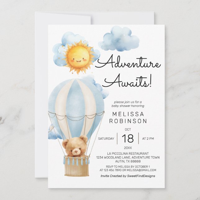Convite Adventure Aguarda Chá de fraldas do Air Balloon Bo (Frente)