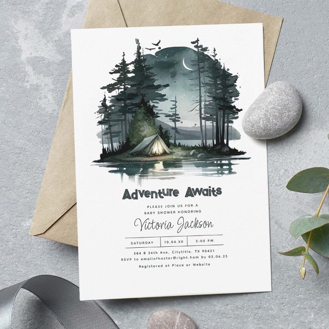 Convite Adventure Aguarda Chá de fraldas Noite Sky Nature (Adventure Awaits! Night Camping Scene Beautiful Baby Shower Invitations)