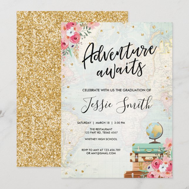 Convite Adventure Aguarda Viagem da Festa de Graduação (Frente/Verso)