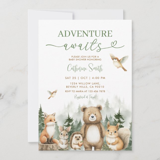 Convite Adventure Awaits Animal Woodland Tree Baby Shower (Frente)