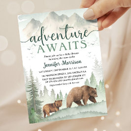 Convite Adventure Awaits Baby Shower Bear Woodland Forest