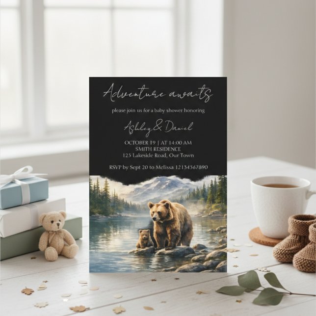 Convite Adventure Awaits Bear & Cub Woodland Baby Shower (Criador carregado)