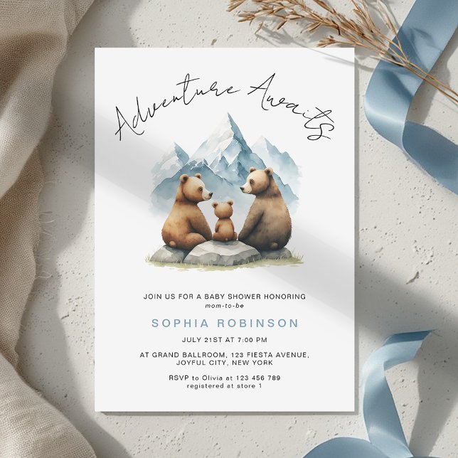 Convite Adventure Awaits Bear Family Woodland Baby Shower (Criador carregado)