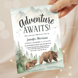 Convite Adventure Awaits Bear Forest Woodland Baby Shower