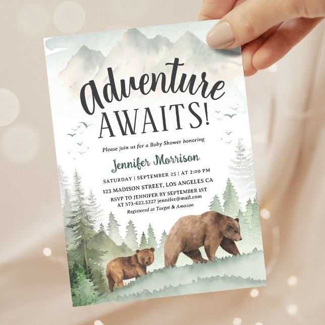 Convite Adventure Awaits Bear Forest Woodland Baby Shower (Criador carregado)