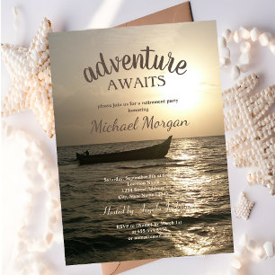 Convite Adventure Awaits,Boat Sunset Sea Retirement Party