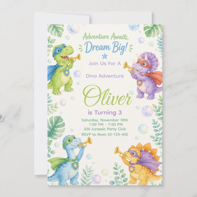 Convite Adventure Awaits Dream Big Dinosaur Birthday (Frente)