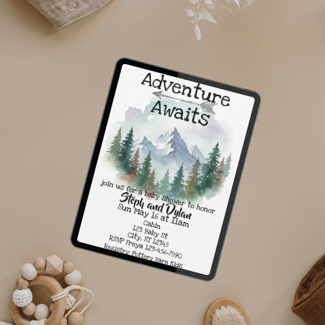 Convite Adventure Awaits, Watercolor Woods Baby Shower (Criador carregado)