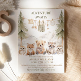 Convite Adventure Awaits Woodland Animals Baby Shower