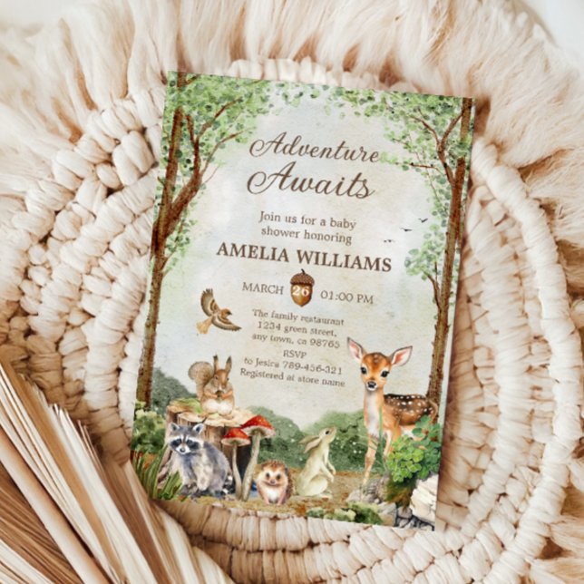 Convite Adventure Awaits Woodland Baby Shower Forest (Criador carregado)