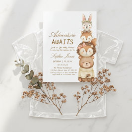 Convite Adventure Awaits Woodland Cute Animals Baby Shower