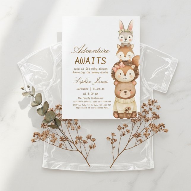 Convite Adventure Awaits Woodland Cute Animals Baby Shower (Criador carregado)