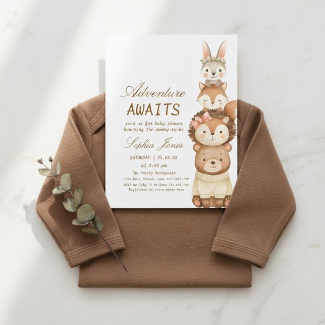 Convite Adventure Awaits Woodland Cute Animals Baby Shower (Criador carregado)