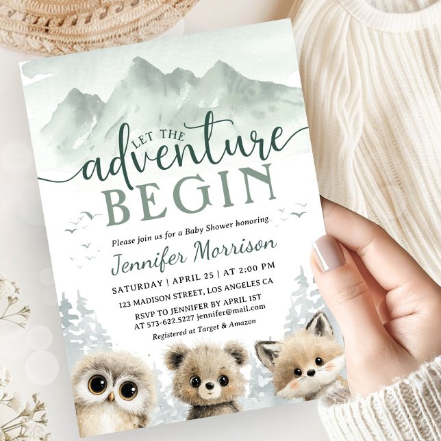 Convite Adventure Begin Baby Shower Woodland Mountain (Criador carregado)