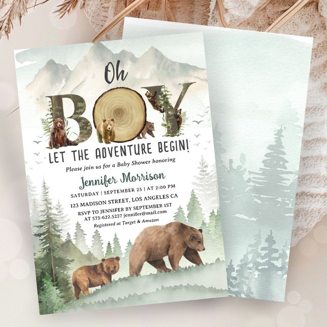 Convite Adventure Begin Bear Boy Baby Shower Woodland  (Criador carregado)