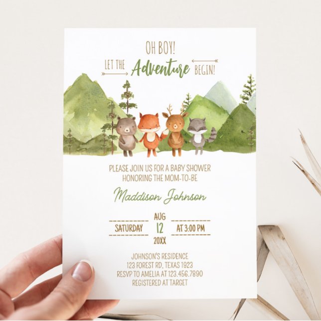 Convite Adventure Begin Forest Mountain Chá de fraldas (Let the Adventure Begin Baby Shower Invitation)