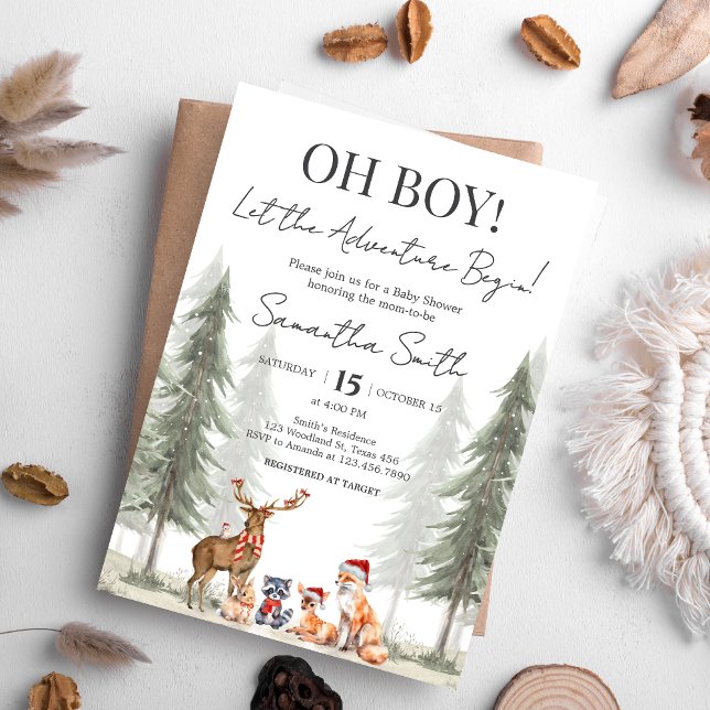 Convite Adventure Begin Winter Woodland Baby Shower (Adventure Awaits Baby Shower Invitation)