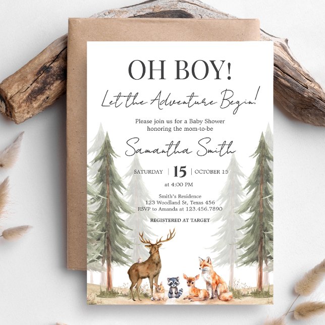 Convite Adventure Begin Woodland Animal Chá de fraldas (Let the Adventure Begin Woodland Animals Baby Shower Invitation)