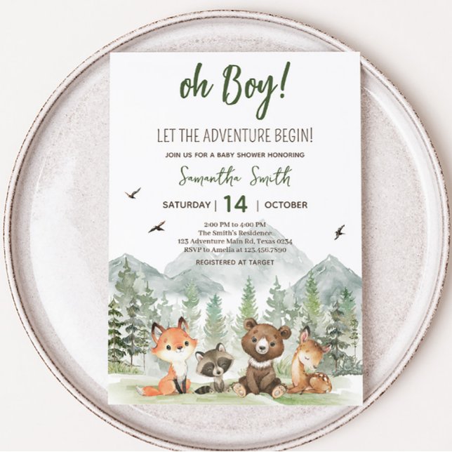 Convite Adventure Begin Woodland Animal Chá de fraldas (Adventure Awaits Baby Shower Invitation)