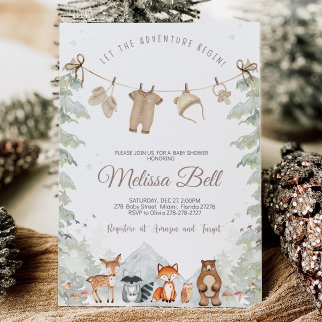 Convite Adventure Begin Woodland Animals Baby Shower (Adventure Begins" Woodland Animals Baby Shower Invitation with adorable woodland creatures like bear)