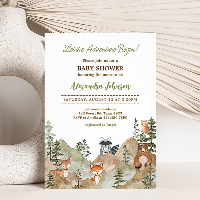 Convite Adventure Begin Woodland Mountain Chá de fraldas (Let the Adventure Begin Baby Shower Invitation)