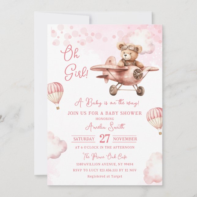 Convite Adventure Hot Air Balloon Cute Bear Baby Shower (Frente)