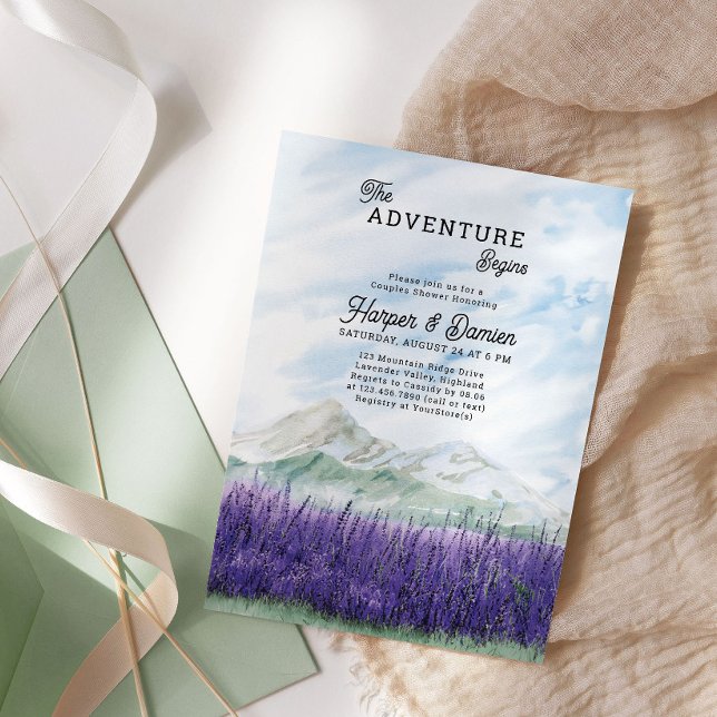 Convite Adventure inicia o Chá de Casais de Lavanda de mon (The Adventure Begins Couples Shower Invitation from my Mountain Lavender Wedding Collection)