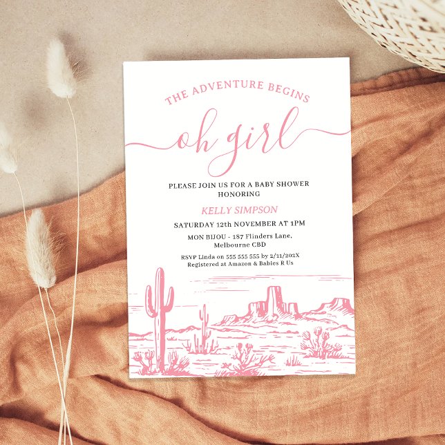 Convite Adventure, Natureza Selvagem Rosa, Começa o Chá de (Pink The Adventure Begins Baby Shower Invitation Girl, Wilderness, Western Desert, Oh Girl Wild West)