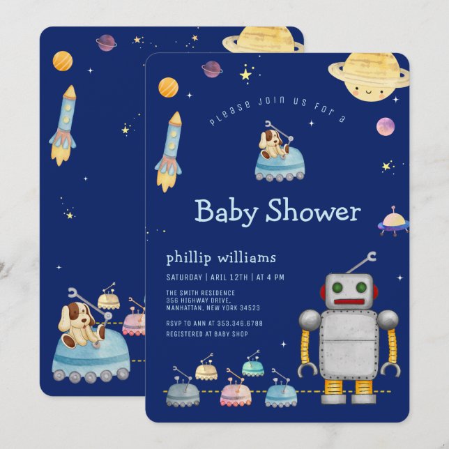 Convite Adventure Toy Robot Boy Outer Space Baby Shower (Frente/Verso)