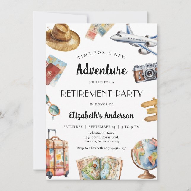 Convite Adventure Travel Theme Retirement Invitation (Frente)