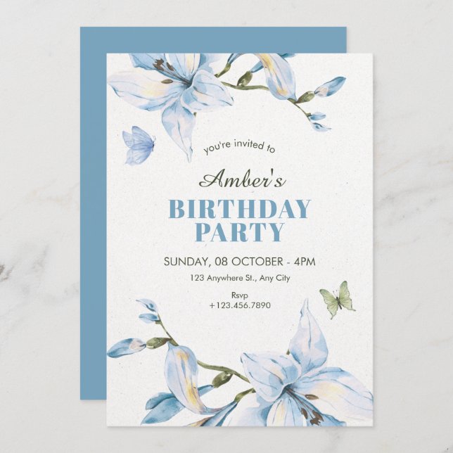 Convite Aesthetic blue flower bloom birthday (Frente/Verso)
