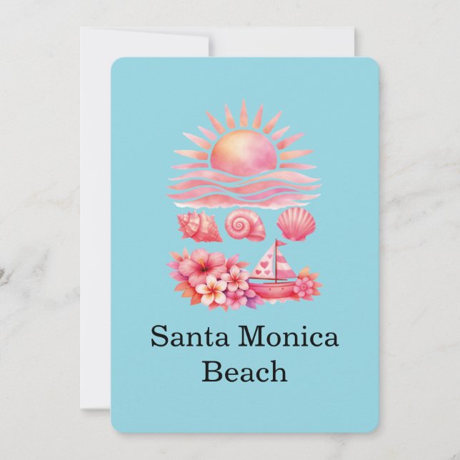 Convite Aesthetic Pink Beach Sunset Watercolor (Frente)