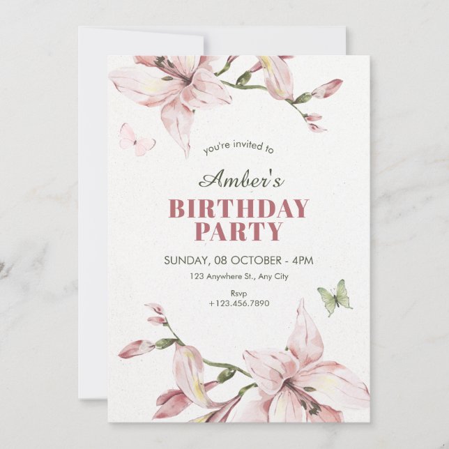 Convite Aesthetic pink flower bloom birthday (Frente)