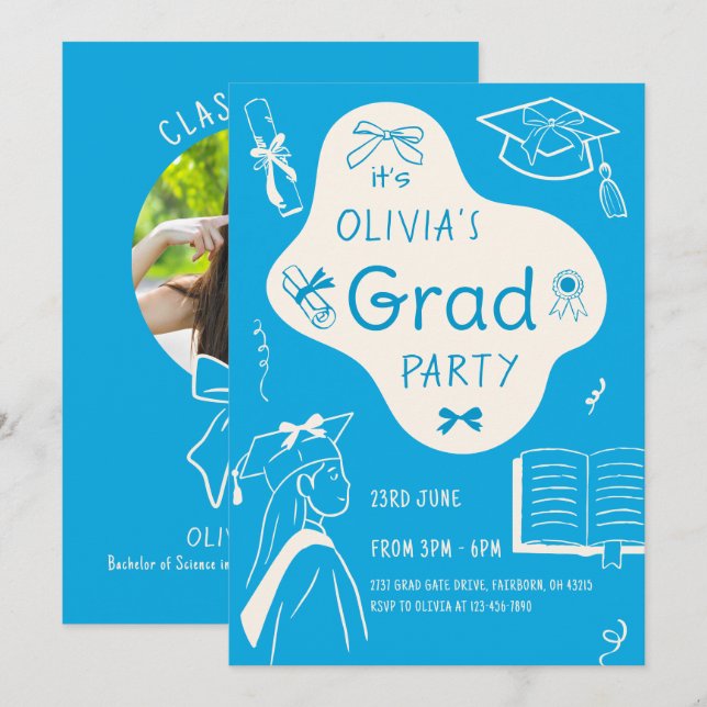 Convite Aesthetic Whimsical Hand Drawn Graduation Party  (Frente/Verso)