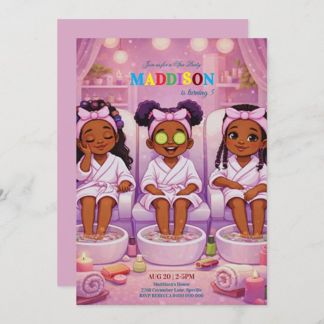 Convite African American 3 Girls Spa party Birthday  (Frente/Verso)