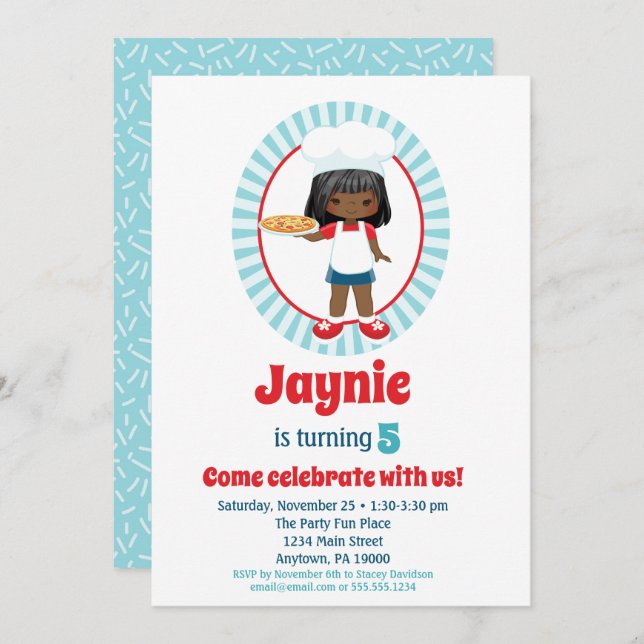 Convite African American Pizza Party Girl - Pizza Birthday (Frente/Verso)