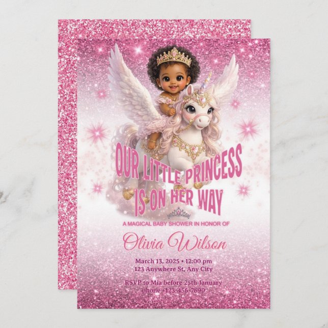 Convite African Princess on Unicorn Pink Baby Shower (Frente/Verso)