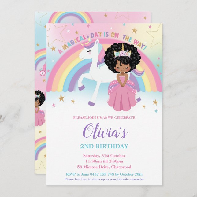 Convite African Princess Unicorn Birthday Party Rainbow (Frente/Verso)